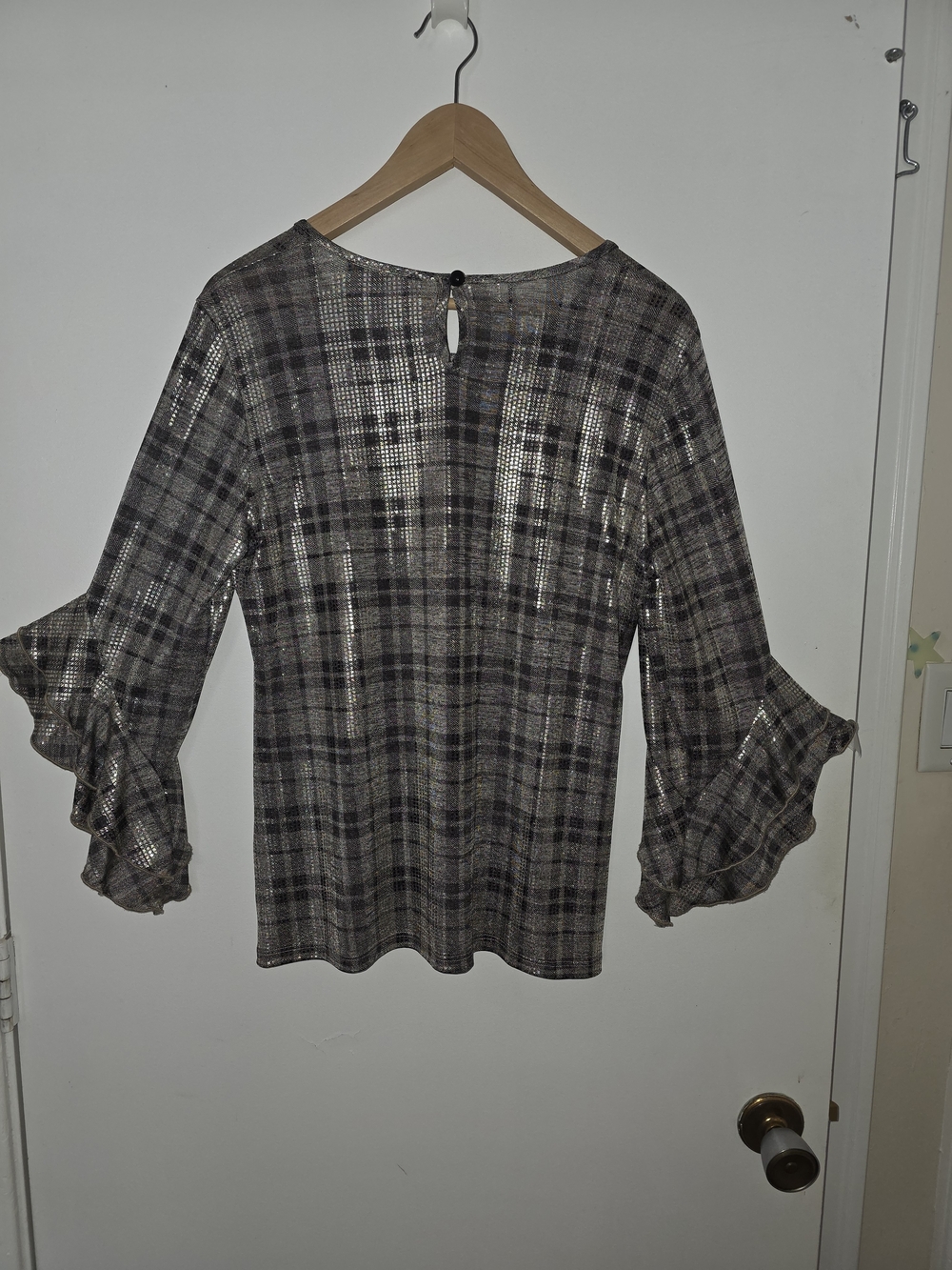 Plaid Ruffle-Sleeve Blouse in Grey And Black With Metallic Accent, Soft & Flowy - Picture 3 of 6